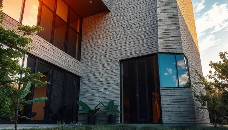 Moderná budova s dekoratívnym obkladom z kameňa